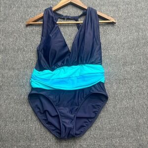 Venus Womens One Piece Swimsuit Size 10 Bathing Ruched Blue Two Tone Color Block
